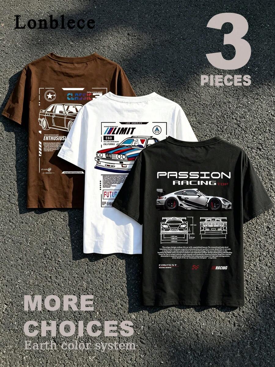 Lonblece 3 piezas Camisetas casuales y cómodas de cuello redondo unisex con estampados de elementos de carreras - Multicolor - Ver 1