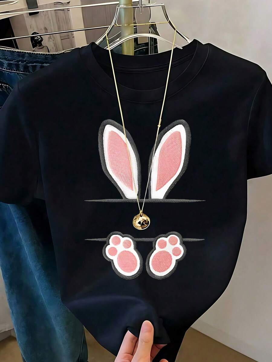 Women's White T-Shirt With Rabbit Ears And Paws In Leopard Print, Fashionable Animal Print T-Shirt, Casual Summer Blouse With Cute Bunny Design, Aesthetic And Fun Top - 藍色 - 查看 1