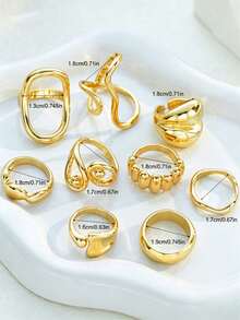 9pcs/Set Fashion Premium Versatile Men's Rings Geometric Asymmetrical Double Layer Water Drop Ring Set High-End Fashion Hand Jewelry Accessories - Yellow Gold - View 4