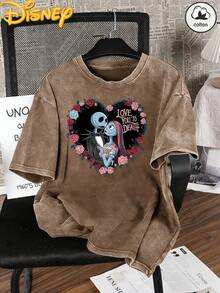 Disney Jack Skellington Sally T Shirt Women Washed Cotton Retro Rose Heart Graphic Tee Short Sleeve Fan Gift Top - 黑色 - 查看 8