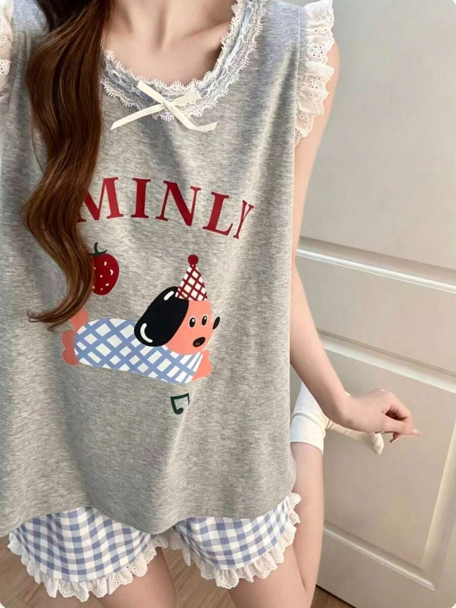 2件組女款睡衣家居服套裝,可愛小狗印花時尚無袖套頭上衣搭配格紋印花短褲,適合春夏,居家穿著舒適 - 灰色 - 查看 1