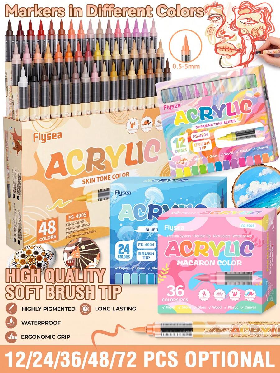 Set Spidol Akrilik Cair Flysea Direct, 72 Warna Kulit & 36 Warna Macaron & 9 Tema Warna, 24 Spidol Gradien untuk Melukis, Grafiti, Mewarnai, dan Mencatat, Alat Seni Profesional, Perlengkapan Penting untuk Kembali ke Sekolah, Sempurna untuk Hadiah Liburan