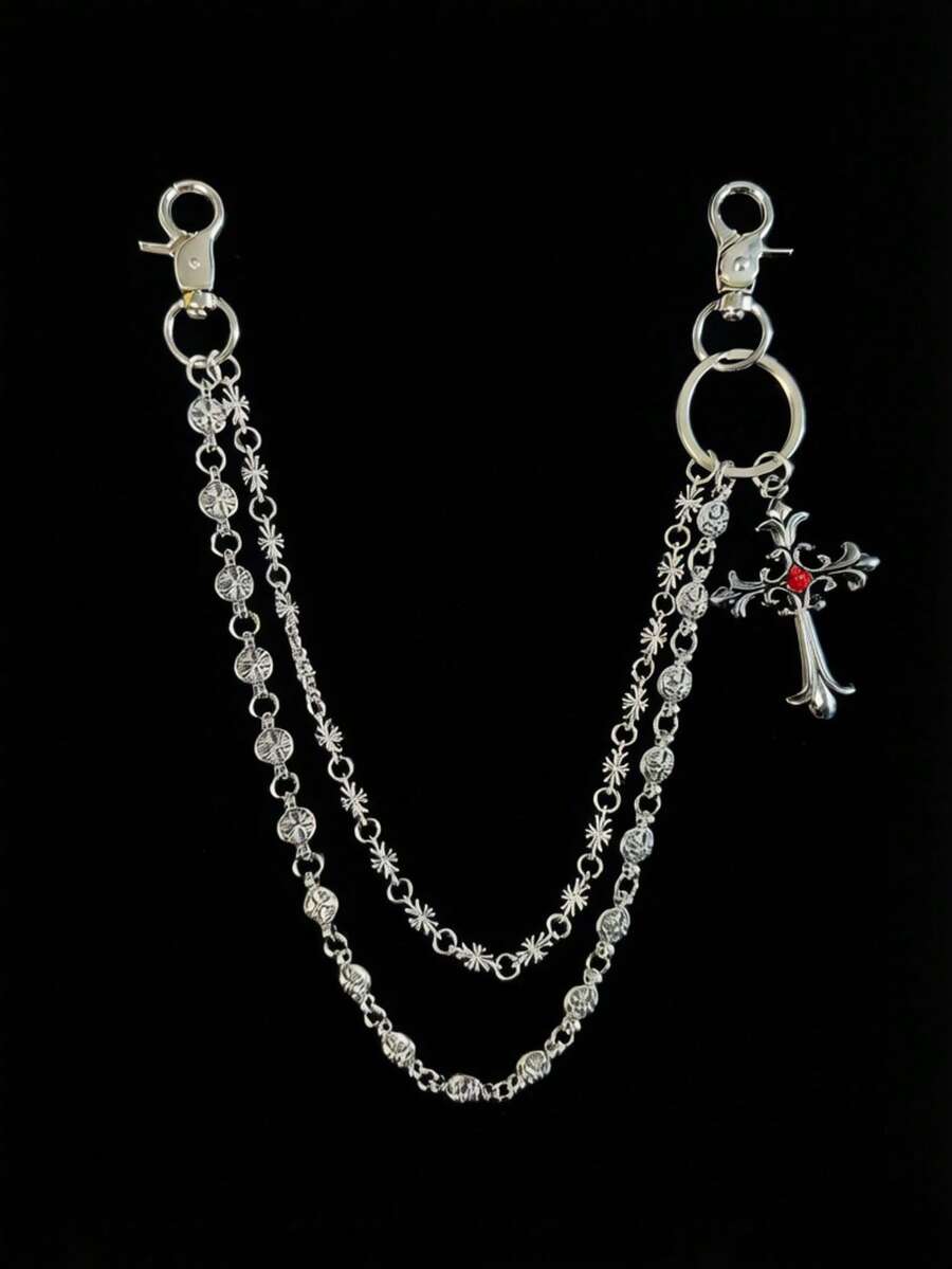Cadena cruzada para pantalones, cadena de cintura con strass y colgante con cierre de langosta, cadena para billetera, cadena vintage, cadena de doble capa, hip hop punk, cadena para jeans, cadena para bolsillo, cadena para llaves, multi- - Multicolor - Ver 1
