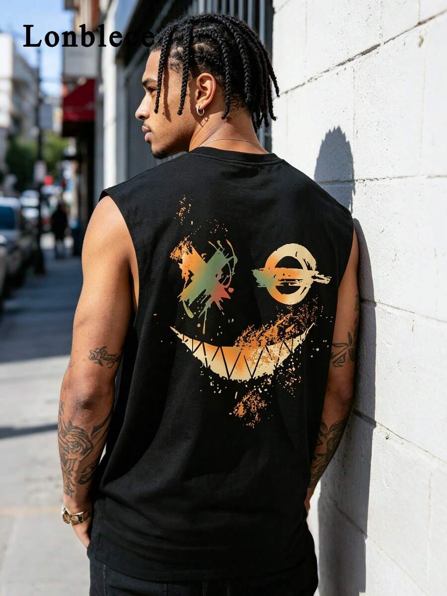 Lonblece Men's Summer Sleeveless Tank Tops Smiling Elements - Black - View 1