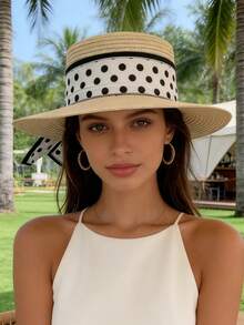 1pc Women's Summer Wide Brim Beach Hat, Polka Dot Ribbon Sun Hat, Straw Fedora Dome Bowler Hat, Suitable For Daily, Banquet, Party - MZ1638X - View 11