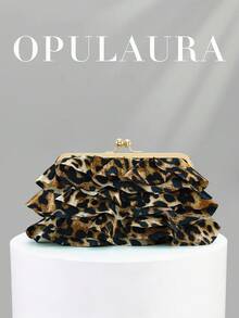 OpulAura 女款精緻迷人花瓣宴會手拿包，豹紋荷葉邊設計晚宴包，晚禮服搭配包，適用於婚禮/度假/正式派對/舞會場合，附鍊條，花瓣形狀隨機發貨 - 棕色 - 查看 2
