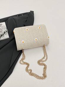 Mini bolso de hombro de paja con cadena y bordado de margarita nueva, bolso cuadrado pequeño con cierre giratorio de moda, bolso de playa mini elegante para mujer, bolso de playa de paja, artículos esenciales de playa, accesorios de playa y artículos imprescindibles de verano, artículos esenciales para vacaciones, combinación perfecta para accesorios de playa de mujer, bolso de vacaciones de verano de moda, adecuado para vacaciones y días festivos, bolso tote esencial de playa para mujer - Blanco - Ver 8