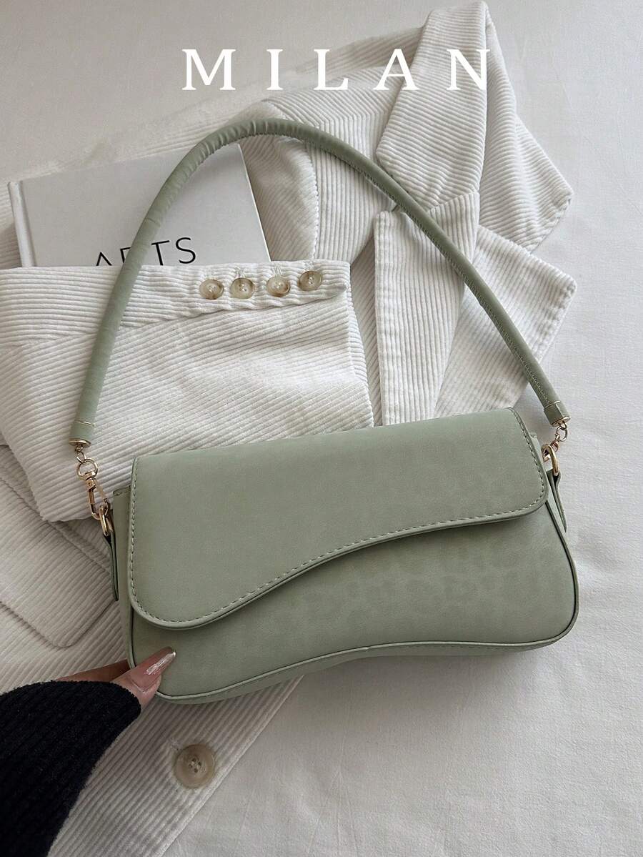 1pc Solid Color Fashion Leopard Print Asymmetrical Flap Retro Minimalist Elegant Shoulder Underarm Bag - Mint Green - View 1