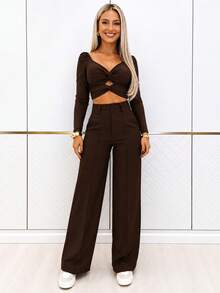 Solid Color High-Waisted Trousers, Casual And Versatile For Everyday Wear, For Spring - Khaki - View 10