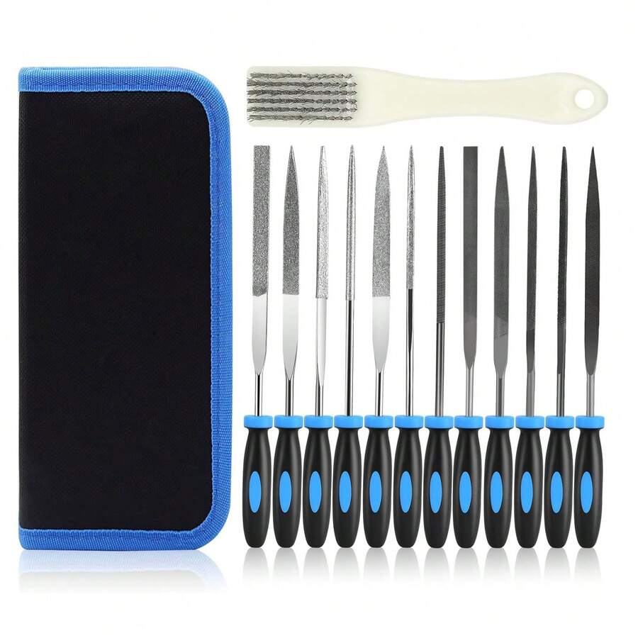 13pcs Needle File Set, Small File Set Includes 6 Diamond Files, 6 Metal Files, Cleaning Brush And Storage Box, Suitable For Precision Metal, Jewelry, Wood, Leather And Plastic