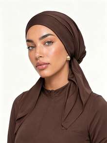 1pc Solid Color Women's Middle Eastern Arabic Ribbon Hijab Cap Wide Brim Curved Turban Hat - Coffee Brown - View 3
