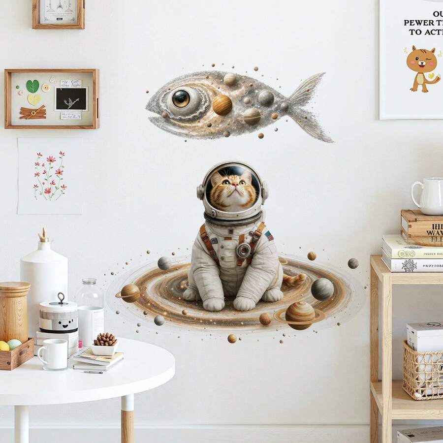1pc Creative Cartoon Vinyl Wall Sticker, Solar System Print, Space Theme Spaceship Decal, Self-Adhesive Wall Sticker For Bedroom, Entrance, Living Room, Porch, Home Decor - 46084-cat's Eye Starry Sky - View 1