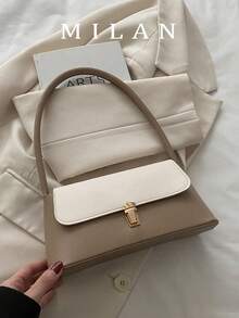 Bolso de Hombro para Mujer, Bolso de Mano Nuevo para Damas, Bolso Pequeño Cuadrado, Bolso Tipo Baguette Retro con Cierre Metálico y Decoración de Cuero PU Suave - Caqui 2 - Ver 2
