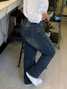 Women's Vintage-Style Wide-Leg Straight-Leg Jeans, Casual For Spring - 深藍色 - 查看 10