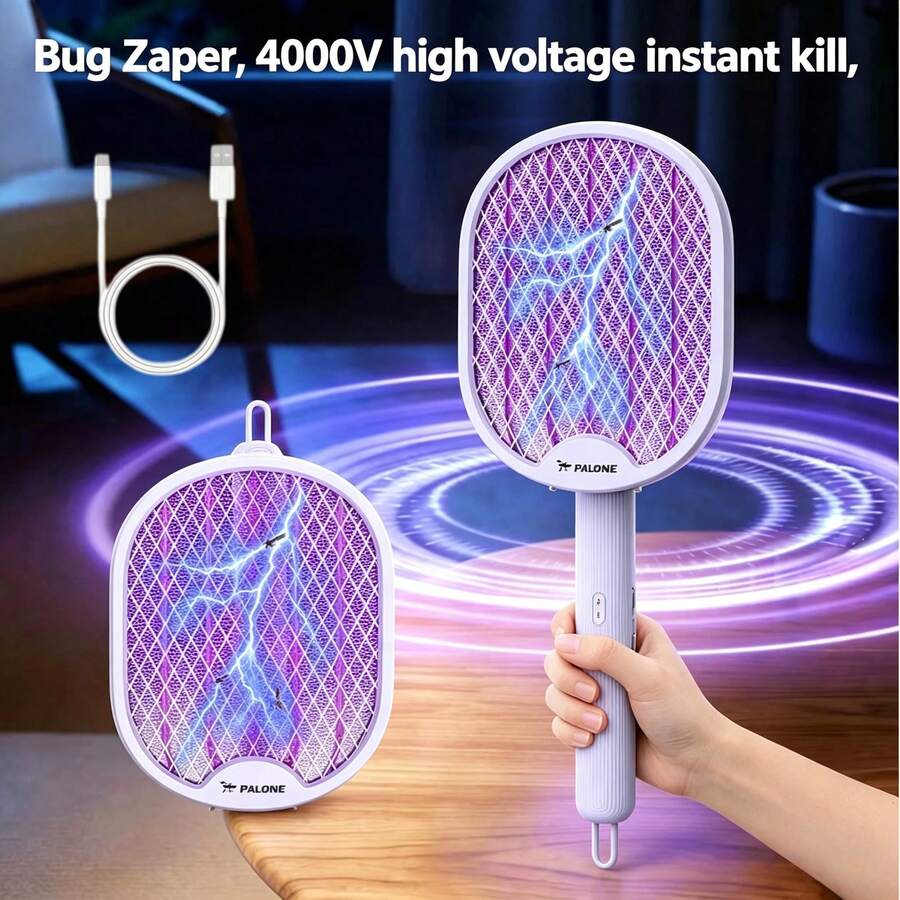 Electric Fly Swatter & Bug Zapper – 4000V Rechargeable Mosquito Killer Racket With UV Light, Telescopic Handle & Safety Mesh – Indoor & Outdoor Insect Trap,Camping Essentials - A - View 1