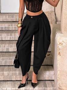 Black High Waist Pleated Harem Pants, Irregular Ruched Ankle Length Loose Trousers Women Hip Covering Casual Streetwear - Black - View 5