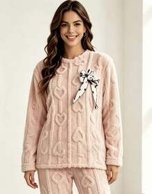 Winter Pajama Set, Plush, Warm, 2-Piece, Stylish Sleepwear, Pullover And Comfortable Pants - Baby Pink - View 1