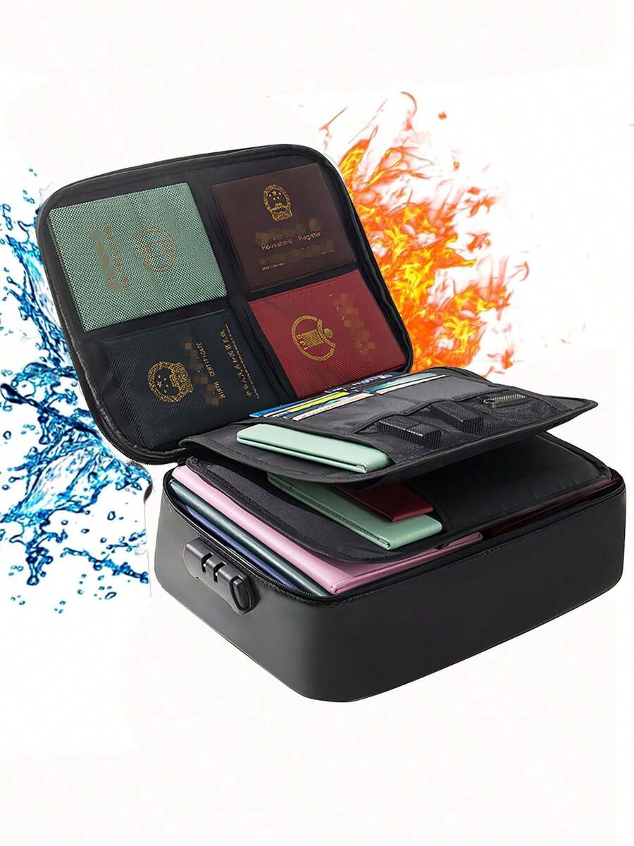 Document Bag With Lock, Fireproof 3 Layer File Storage Case With Water Resistant Zipper, Portable Travel Home Organizer For Laptop Files Certificates - 黑色 - 查看 1