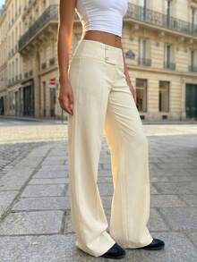 Women's Elegant Low-Waist Flared Trousers, Beige Double-Button Wide Waistband With Front Center Seam Flare Dress Pants, Suitable For Daily Commute, Streetwear, Travel, Shopping - Beige - View 9