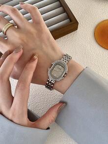 1件女款手錶錶帶，方形小錶盤鑲鑽裝飾，優雅百搭精準石英手錶，適合日常佩戴 - 銀色 - 查看 7