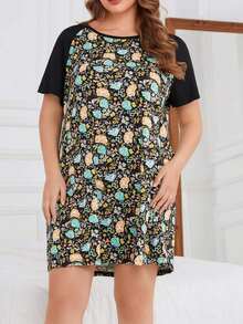 Plus Size Women's Summer Round Neck Short Sleeve Loose Ditsy Floral Nightgown - Green - View 11