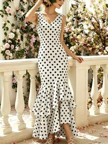 Robe à ourlet sirène à pois 2026, col en V sans manches, imprimé floral rétro, élégance française, esthétique vintage des années 90, robe de cocktail pour vacances d'été - Blanc - Voir 7