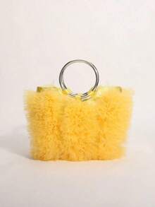 優雅粉色網紗荷葉邊托特包，金屬圓環手把迷你手提包，女士蓬鬆晚宴手拿包，適用於婚禮新娘舞會雞尾酒會 - 黃色 - 查看 10