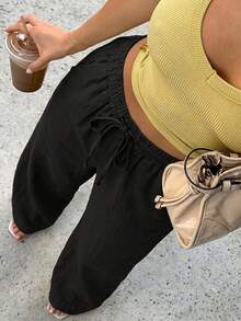 Vaiaye Women's Summer White Casual Linen Wide Leg Pants, Drawstring Elegant Trousers Suitable For Street Daily Wear And Beach Vacation Black - Black - View 3