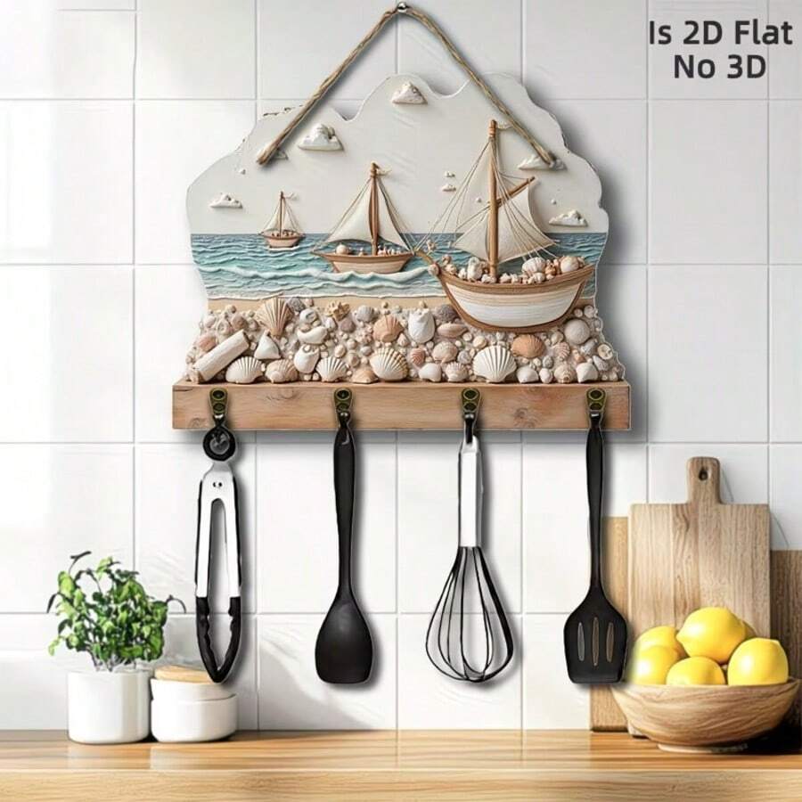 2D Flat, 1pc, 2D Flat "Sailboat Shell Beach Pattern" Wooden Multi-Functional Home Key Hook (11.8"X9"), With 4 Metal Hooks, Wall Decor, Porch, Room, Villa Decor, Kitchen Tool Hook, All Season Home Decor, 2D Flat, Suitable For 11 Holidays Including Christmas Holiday Decor - Multicolor - View 1
