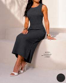 Classic Long Black Dress With A Round Neck, Pockets, And An Elegant Slit Design. - 深灰色 - 查看 5
