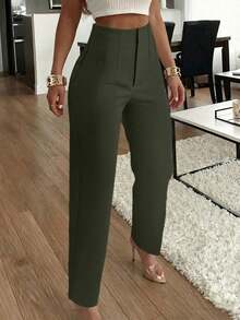 Women's Elegant Office Trousers With Pleated Side Pockets And A Slim Fit, Suitable For Casual Spring Wear - Dark Green - View 12