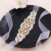 1pc Rhinestone Handmade Bridal Belt - Gold Applique+Organza White Ribbons - View 5