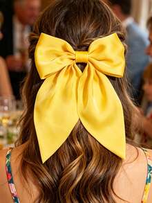 1pc Solid Color Satin Hair Clip With Ribbon Streamers And Large Bowknot, Versatile Hair Accessory For Women Valentine's Day Claw Clips Hair Claws Hair Barrettes, School Stuff, Elegant, College, Winter Outfit For Women, Bows, Cute, Hair Accessories, Head Accessories, Hairpin - Yellow - View 5