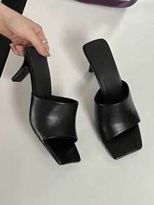 7cm Flattering & Stylish! Chunky Heel High Heel Summer Open Toe Soft Leather Mule Strap Slip-On Sandals For Women - Black - View 3
