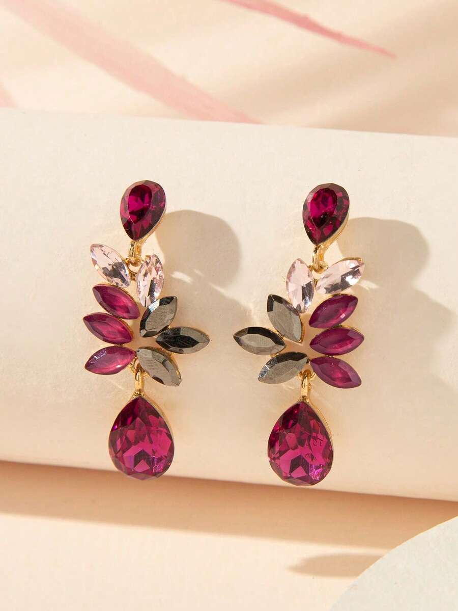 1 Pair Women's Teardrop Shaped Colorful Floral Diamond Earrings Suitable For Outings - Rose Red - E036 - View 1