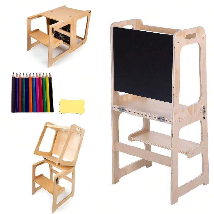 Wooden Kitchen Stool With Learning Tower Rail For Toddlers, Helper With Chalkboard - Khaki - View 1