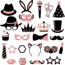 23 piezas Divertidos accesorios para photocall, suministros para fiesta de cumpleaños y boda, decoraciones para fiesta de disfraces, discoteca y carnaval, mezclados con sombreros, labiales, corbatas, coronas (oro rosa) - oro rosa - Ver 8