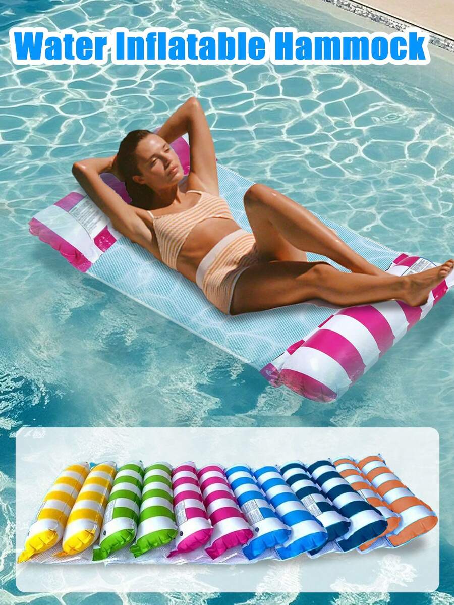Striped Inflatable Pool Hammock Float, Mesh Water Floating Lounge Bed With Pillow, Portable Adult Floating Mat For Summer Pool Lake Beach Relaxation