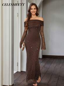 优雅的咖啡色长袖露肩亮片晚礼服 - 咖啡棕 - 查看 2