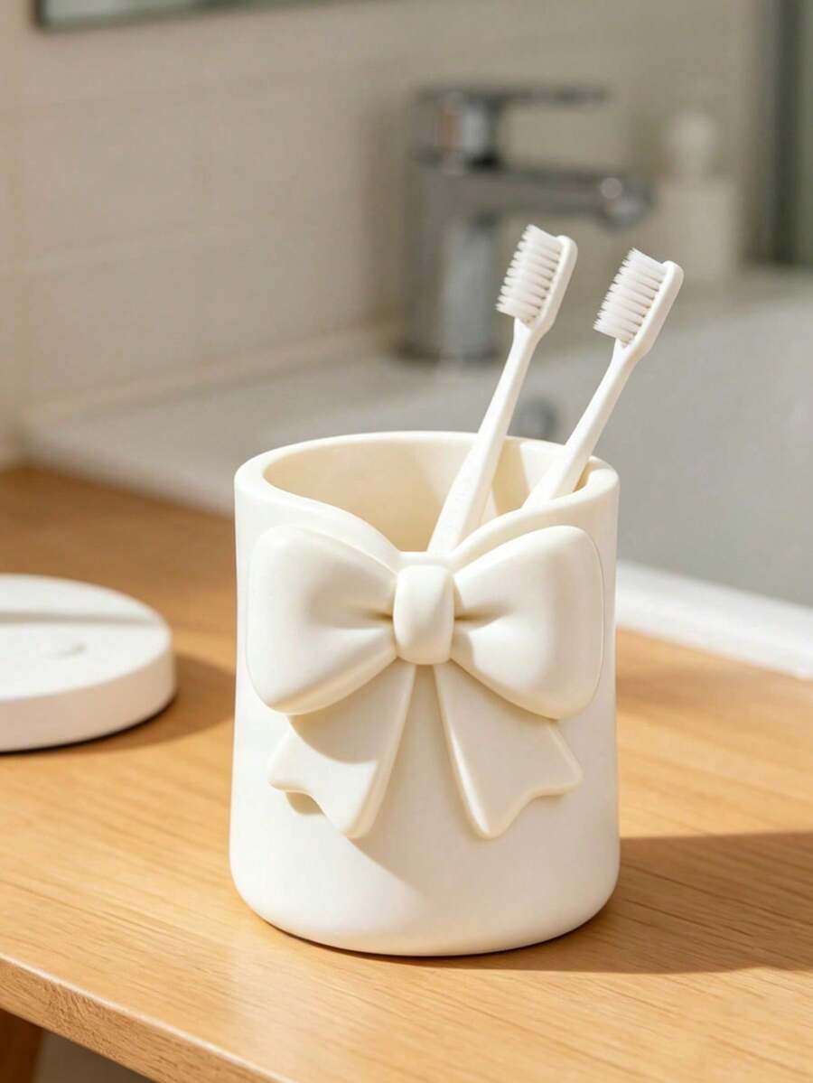 1pc Cream Style Bow Mini Toothbrush Cup, Cute Desktop Storage Box, Multi-Functional Toothbrush & Toothpaste Holder, Mini Vase Small Potted Plant Decor, Bathroom Vanity Desktop Organizer, Dorm Home Decor, Makeup Brush Holder - Multicolor - View 1