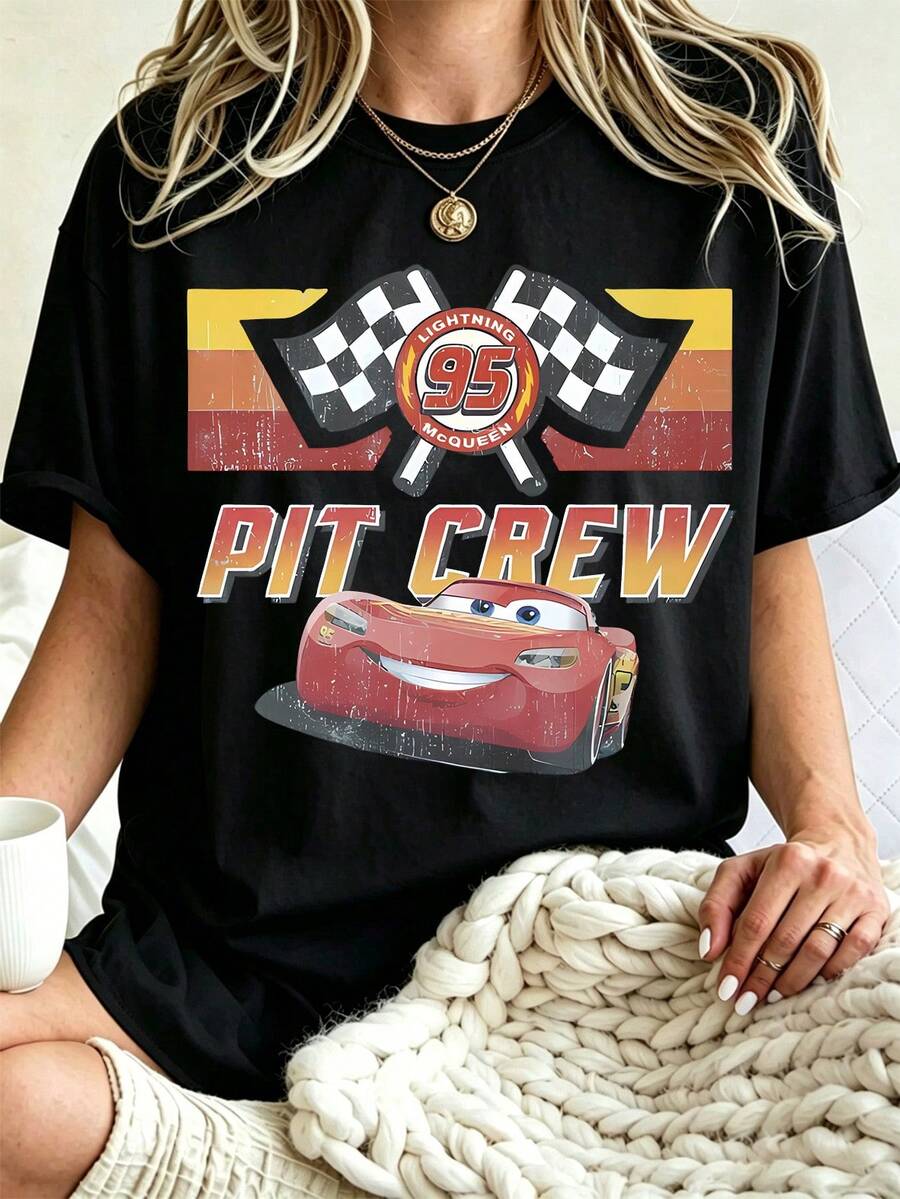 Breathable Disney Cars Pit Crew Lightning McQueen Vintage Racing Flag Print Loose Oversized Daily Family Matching Racing Fan White Tee - Black - View 1