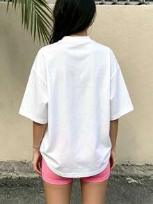 Neuestes ModellDamen-T-Shirt aus 100 % Baumwolle – mit Blumendruck, Rundhalsausschnitt, Kurzarm für lässige Sommerausflüge; Locker und faul - Weiss - Übersicht 8