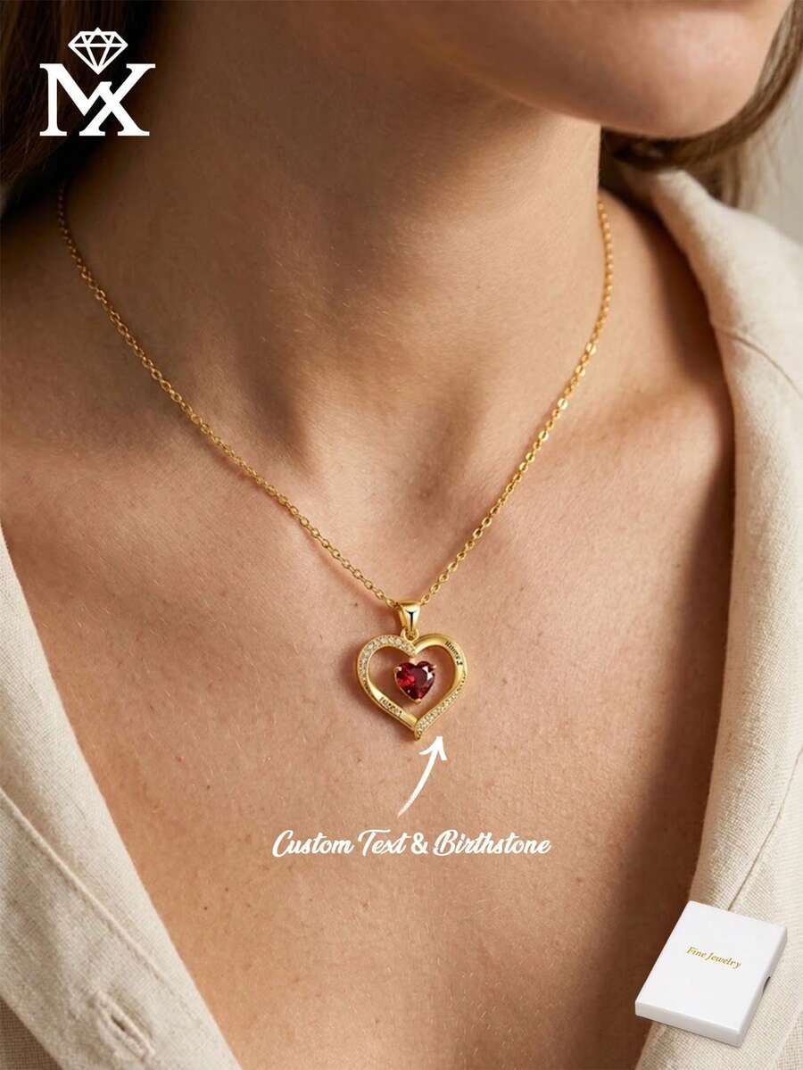1 Collar con colgante de corazón de circonita cúbica con piedra de nacimiento y doble nombre personalizado, regalo sorpresa creativo, perfecto para parejas, amigos y familia - Amarillo Oro - Ver 1