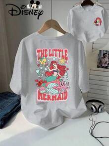 Disney The  Ariel Print T Shirt Women Casual Red Double Sided Short Sleeve Tee With Flounder Sebastian - Light Grey - View 7