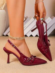 Tacones de punta fina con tacón estrecho para mujeres, sandalias mule sin talón elásticas - Burdeos 3 - Ver 3