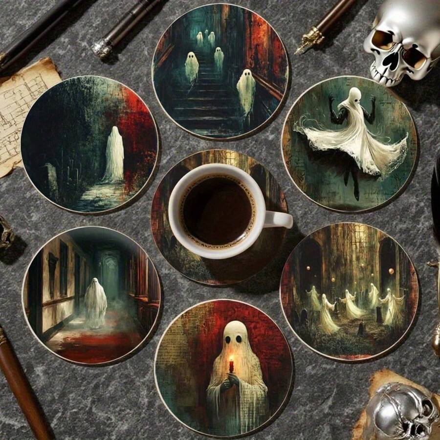 6pcs PET Coasters, Halloween Elements, Ghost Pattern Design Heat-Resistant Coasters, Hand Washable, Budget-Friendly, Suitable For Event And Party Decoration, Table Centerpiece, Halloween, Christmas, Thanksgiving Holiday Decor