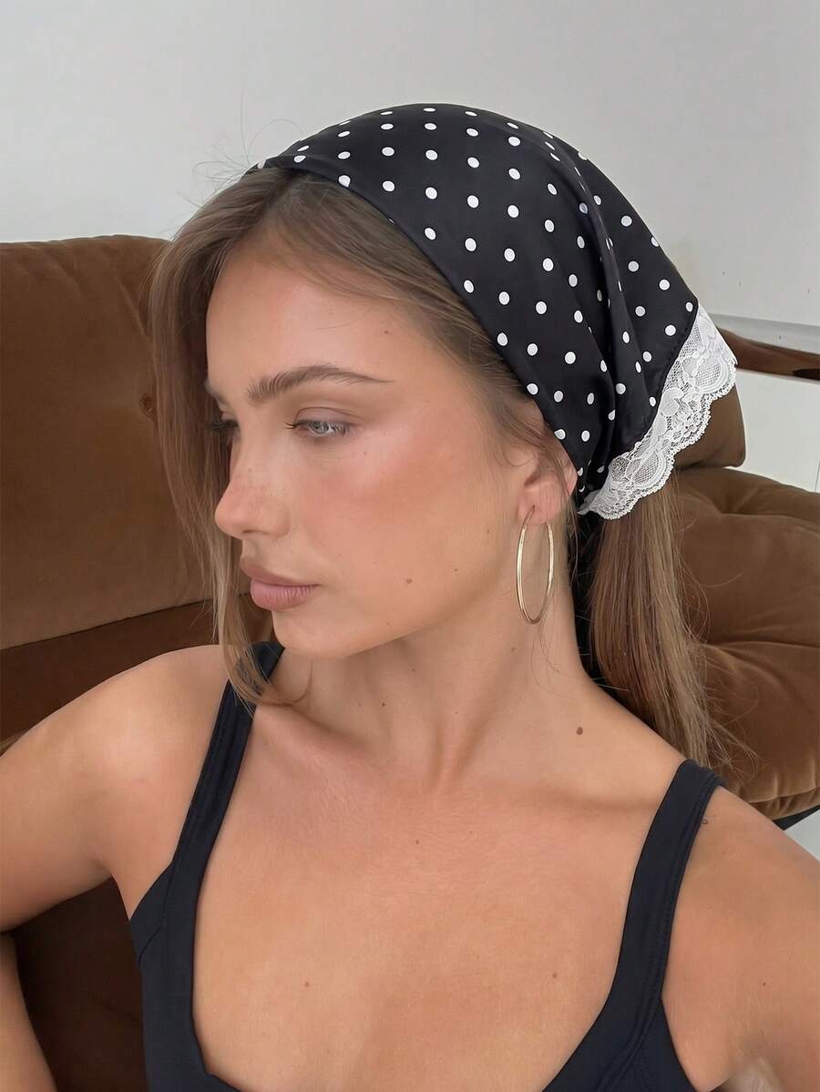 1pc Original Floral Embroidered Rolled Edge Polka Dot Print Headwrap Hair Band For Women, Suitable For Daily And Vacation Use - Black and White Dots - View 1