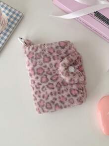 1pc Cute Pink Leopard Print Fluffy Plush Coin Purse Snap Button Mini Zipper Wallet Small Card Storage Pouch Purse Wallet - Multicolor - View 9