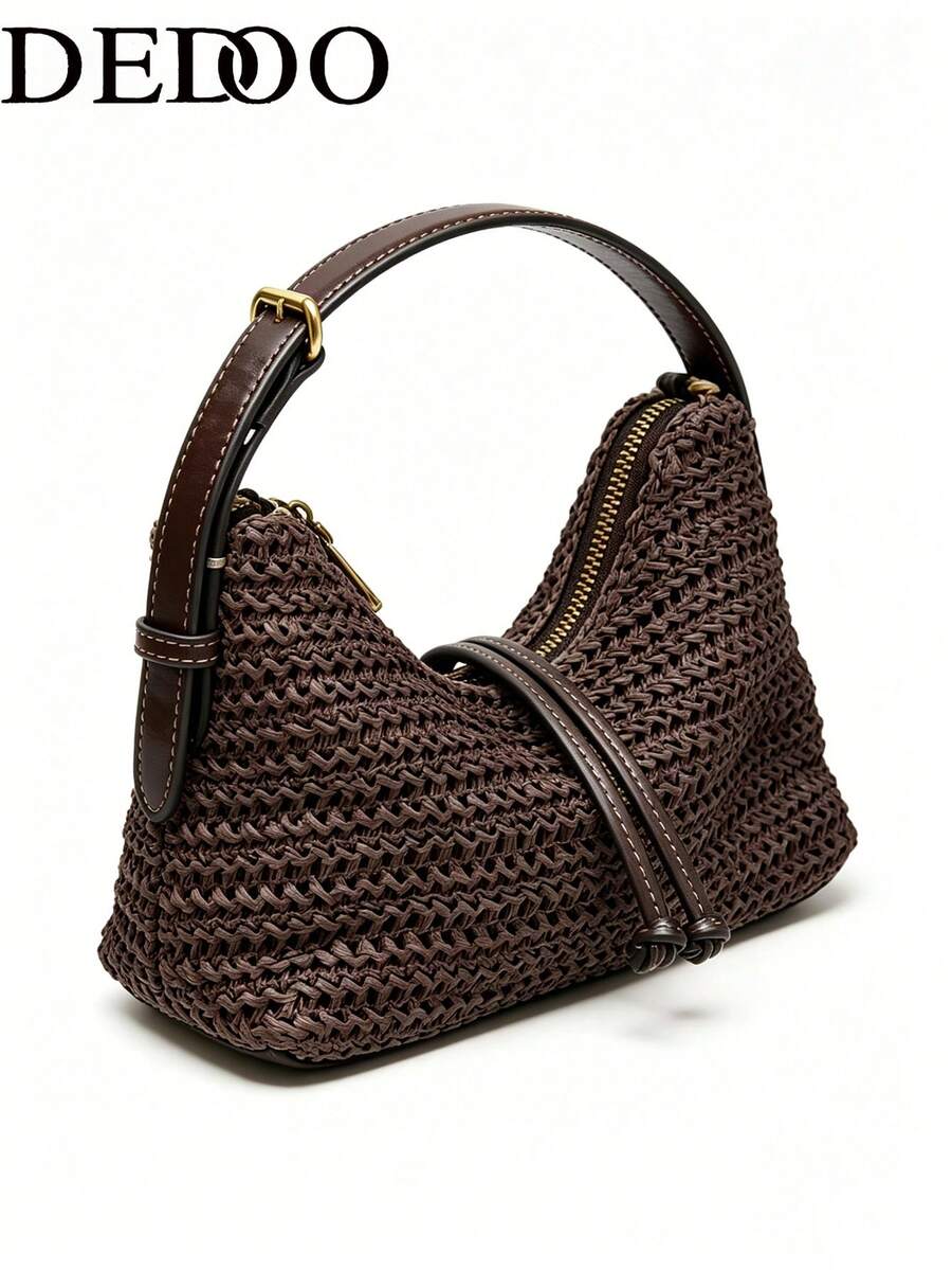 Dedoo Woven Handbag, Solid Color Pattern, Drawstring Design, Lightweight Large Capacity Bag, Bohemian Vacation Style, Beach Travel Summer Women's