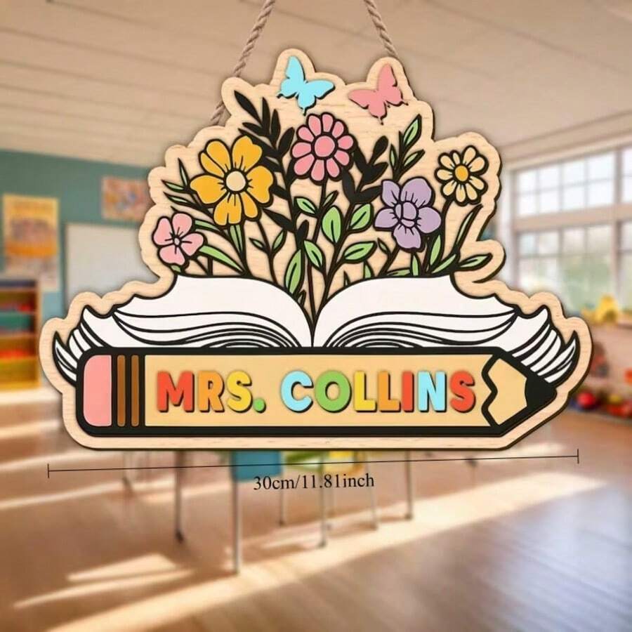 2D Flat Personalized 2D Teacher Door Sign – Customized Book And Floral Classroom Welcome Sign, Back To School And Teacher Appreciation Gift - Multicolor 2 - View 1